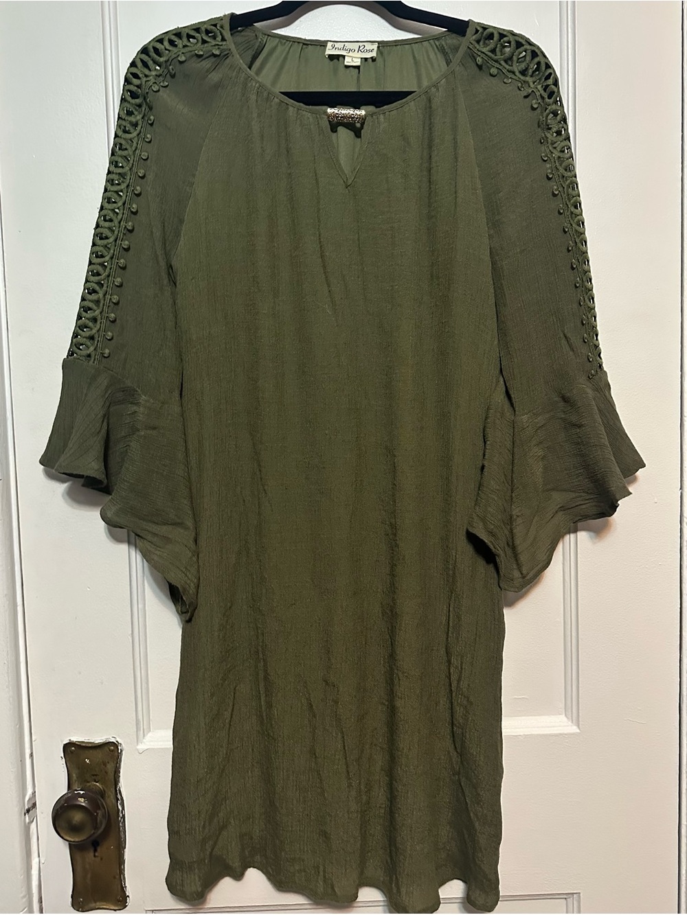 Indigo Rose Lattice-Detailed Bell Sleeve Minidress/Tunic in Olive Green (L)